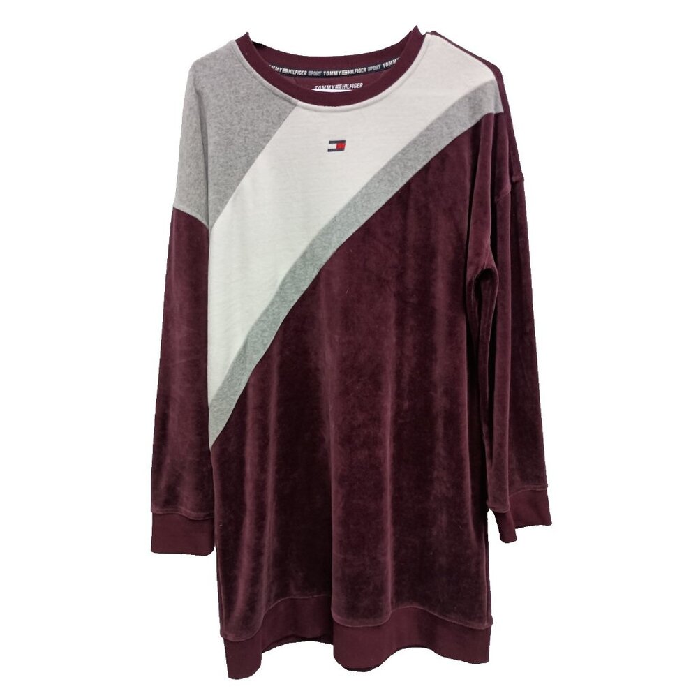 Y2K Tommy Hilfiger Sport Mini Dress Large Burgundy Velvet Athleisure Preppy
